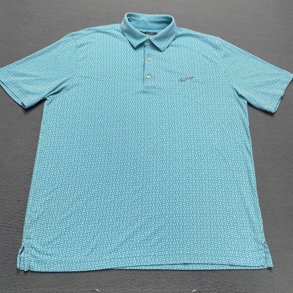 Greg Norman Polo Shirt Mens Large Blue Geometric Pima Cotton Shark Logo Golf
